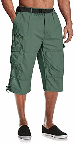MAGCOMSEN Men's Elasticated Waist Shorts Lightweight Hiking Shorts Cotton Walking Shorts with Multi Pockets Pea Green