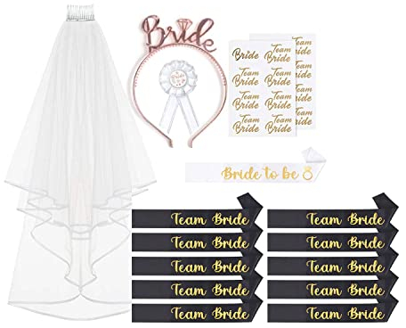 YSUVIN 16PCS Deko Schärpe Set, Braut to Be und Team Bride Schärpe Set, Hen Party Decoration Setmit mit Tiara, Schleier, Tattoos, Abzeichen, Junggesellenabschied Frauen
