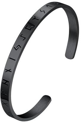 FaithHeart Bracelet for Men Nordic Viking Rune Cuff Bracelet Stainless Steel Adjustable Bangle Black