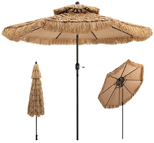 KOMFOTTEU Ombrellone Spiaggia in Paglia Tropicale, Parasole Pieghevole, 270 cm, con Doppio Tetto, per Giardino, Balcone, Spiaggia senza Base, Giallo -Marrone