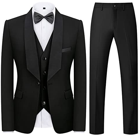 Tuxedo Men Suit Regular Fit 3 Piece Set for Wedding Prom Jacket Waistcoat Pants Set Black XL