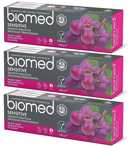 BIOMED – Sensitive Zahnpasta 3 x 100 g, stärkt den Zahnschmelz und reduziert die Empfindlichkeit, beruhigt das Zahnfleisch und schützt vor Karies, frei von Fluorid, SLS, PEG, Saccharin