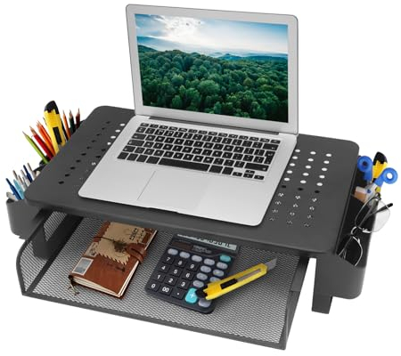 Buwico Monitorständer, verstellbarer Display-Ständer mit Schubladen und Körben, Desktop-Manager für Desktops, Laptops, iMacs, PC, Drucker, Monitorständer für Heim und Büro