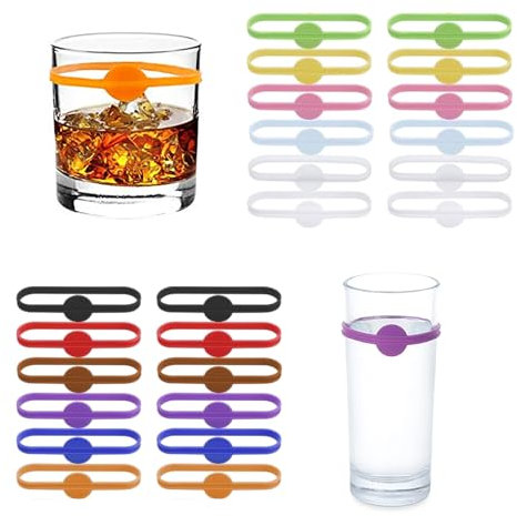 24 Stück Glasmarkierer Silikon,Glas Trinkgläser Markierung Glasmarker Gläser Markierer Masskrug Marker Band Maßkrug Markieren Anhänger Flaschenmarkierer Einzigartige Charms für Party Hochzeit Bierkrug