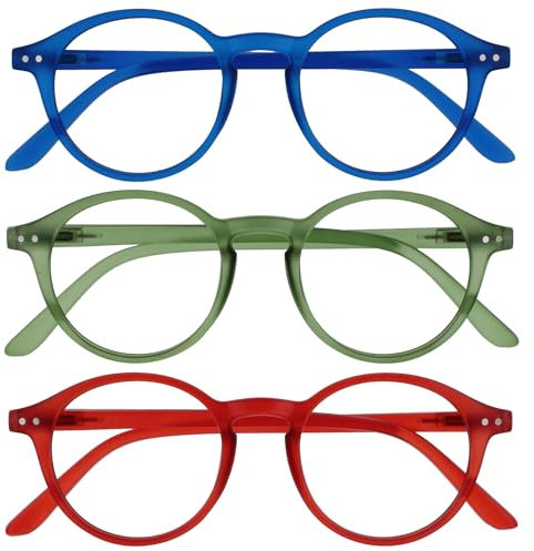 OPULIZE REY Occhiali da Lettura - Pacco da 3 - Montatura Rotonda Retro - Blu Opaco, Verde, Rosso - Uomo Donna - Cerniere a Molla - RRR56-36Z - +1.50