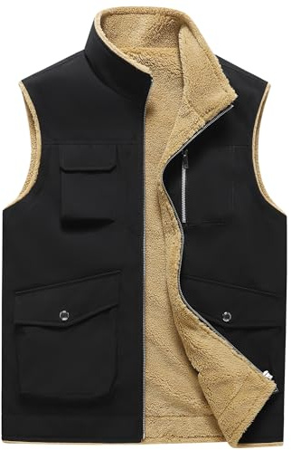 AIEOE Gilet in pile da uomo Softshell foderato in pile gilet antivento gilet gilet termico capispalla leggero invernale senza maniche giacca con tasche con cerniera, Nero , M