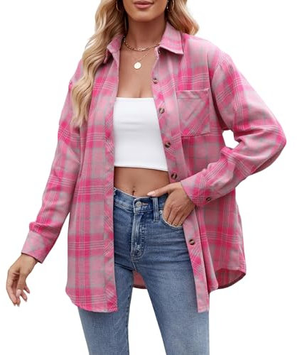 Timuspo Karo Hemden Damen V-Ausschnitt Bluse Kariert Tunika Baumwolle Oversize Flanellhemd Langarm Rosa Kariertes Oktoberfest Cowboy Hemd L