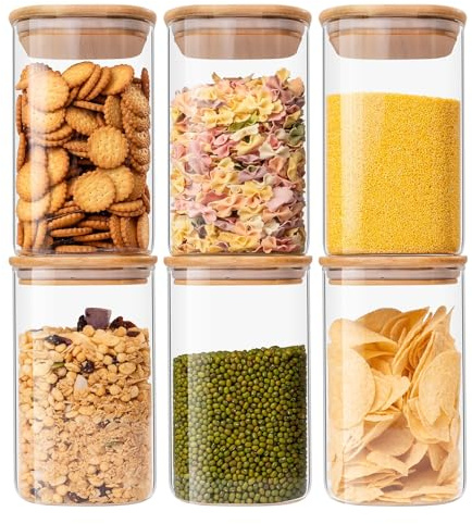Wells Food Storage Containers with Bamboo Lids 37OZ 1100ml, Glass Canisters with Airtight Lids, Square Glass Jars for Kitchen, Idea for Cereal, Coffee, Sugar, Tea, Candies, Cookies, Set of 6, Clear