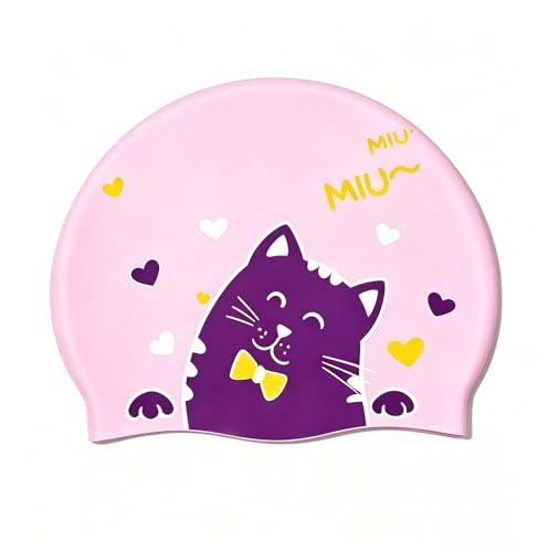 MUNTE Bonnet de Bain Enfant en Silicone, Bonnet Piscine Enfant (Tour de Tête 49-55 cm), Bonnets de Bain Élastiques avec Motif de Chat, pour la Natation et Les Sports Nautiques