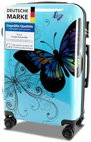 Xonic Design Reisekoffer - Hartschalen-Koffer mit 360° Leichtlauf-Rollen - hochwertiger Trolley mit Zahlenschloss Polycarbonat in M-L-XL oder Set (Butterfly, M)