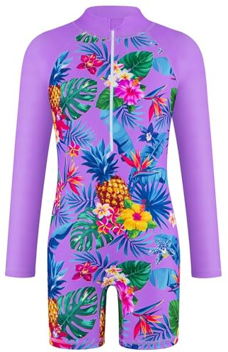 Swimming Costume for Girls with Leaf Print, Long Sleeve, Sun Protection, Quick-Drying Neoprene Shirt Kids, purple, 10-12Y