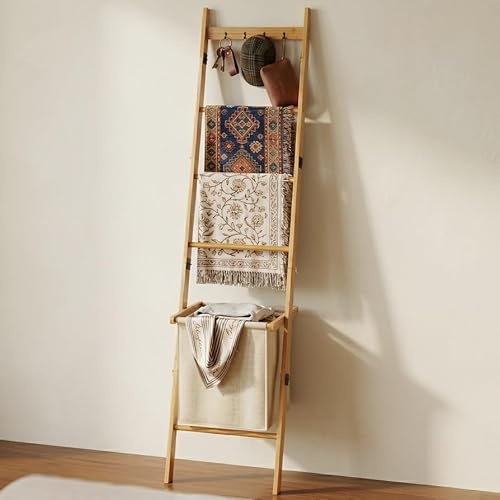 BAMBANG Scaletta per coperte con cestino, porta coperte a 5 livelli, scaletta porta asciugamani con 4 ganci per soggiorno, mensola decorativa da parete con cestino, bambù naturale