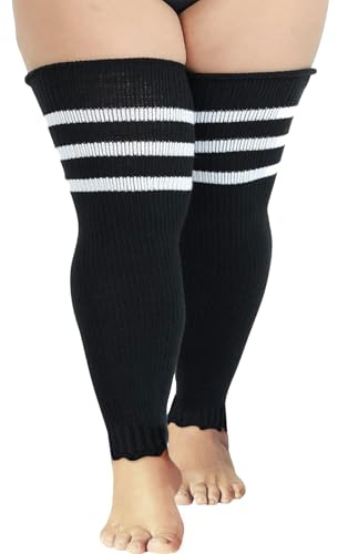 Fjquamitix Plus Size Leg Warmers For Women Warm Thick Thigh High Long Large Sock Soft Stretches Autumn Winter Long Knit Leg Warmer (Black White Stripe)