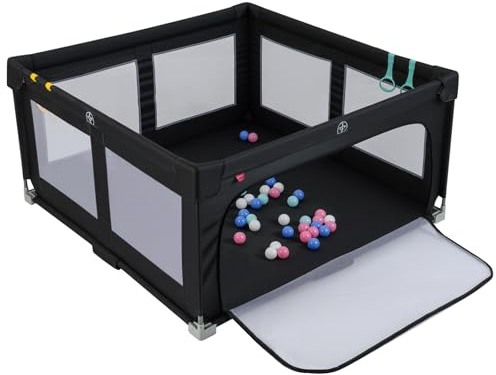 LIFEZEAL Parque Bebé Plegable 150x150x76,5 cm, Área de Juegos con 4 Anillas, 50 Bolas, Puerta con Cremallera, Bolsa de Transporte, Tela Oxford, Centro de Actividad para Niños 0 a 3 Años