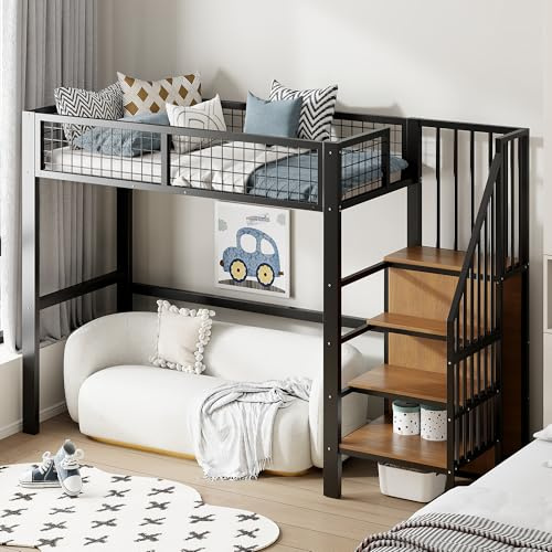 Loftsäng, metallsäng 90 x 200 cm med trappa och garderob, järnsäng, funktionell säng, enkelsäng, barnsäng med ribbotten och fallskydd, för barn eller tonåringar (svart)