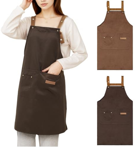 2 Pezzi Grembiule da Cucina Chef per Donna Uomo, Grembiule da Lavoro Tela, Grembiuli Cameriere Barbecue Regolabile con 3 Tasche per Ristorante Bar Cottura Caffetteria (Marrone chiaro+Marrone scuro)