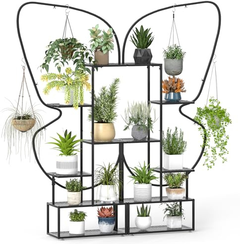 GOPLUS Support pour Plantes en Métal 7 Niveaux, Étagère à Fleurs en Forme de Demi-lune avec Crochet, Dispositif Anti-Basculement, pour Balcon, Terrasse, Intérieur (Noir|Papillon)