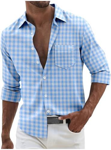 Générique Chemise Homme Manches Longues Chemises Regular Fit Chemisier a Carreaux Chemisette Mode Tshirt Vacances Tee Shirt Casual Habit d'extérieur Hauts Loisirs Vetement Bleu Ciel L