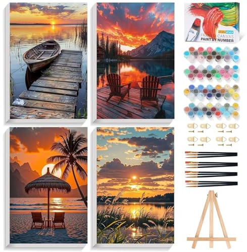 4 Pack Paint by Numbers for Adults with Frame, Sunset Adult Paint by Number Canvas Kits with Wooden Easel, DIY Acrylic Lake Landscape Painting by Numbers for Home Wall Decor Gift 8x12 Inch/20x30cm