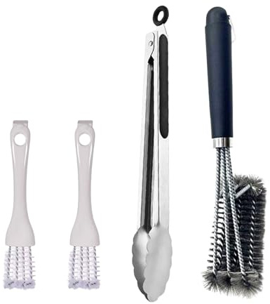 Fyfjur 3 Piezas Cepillo Barbacoa Acero Inoxidable, Cepillo de Alambre de Tres Filas en Forma de V con Pinzas Barbacoa de Acero Inoxidable, Fácilmente Eficiente Kit de Limpieza para BBQ