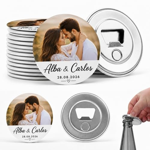 MISS CHAPAS | Pack 50 Abridores Magnéticos Personalizados para Boda con Foto, Nombres y Fecha – Detalle Invitados Boda Original y Útil | Recuerdo Invitados | Presentación Individual Lista para Regalar