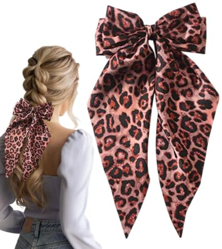 Grand nœud à cheveux léopard, barrettes à cheveux imprimé léopard Grandes | Accessoires pour cheveux en ruban léopard à longue queue, pour boucles droites, chev