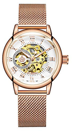 MG Orkina Analoge Automatikuhr für Damen mit Skelettzifferblatt und geflochtenem Edelstahlarmband