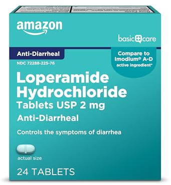 Amazon Basic Care Loperamide Hydrochloride Tablets, 2 mg, Anti-Diarrheal, 24 Count (Pack of 1)