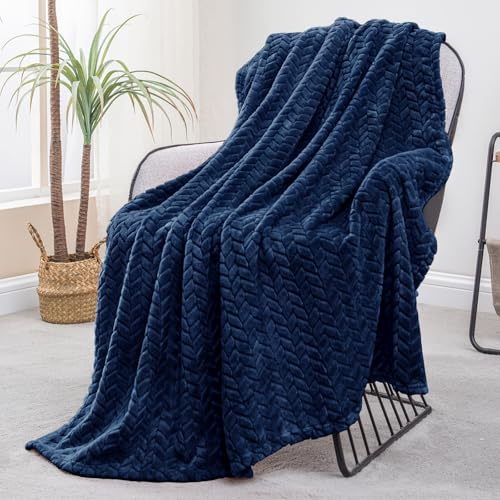 Exclusivo Mezcla Plaid Polaire en Flanelle, Tissu À Motif Chevron, Couverture Douce et Chaude pour Canapé/Lit, Agréable et Douillette, 130x170CM, Bleu Marine