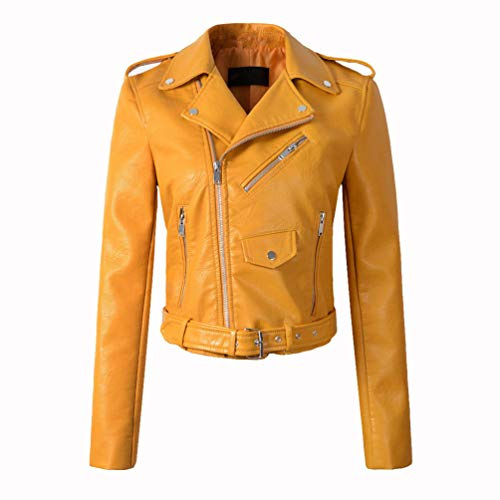 LucaSng Chaqueta de Cuero PU para Mujer, Mujer Invierno Retro Cremallera Bombardero Chaquetas Corta Deportiva Cuero PU Biker Cazadoras Imitacion Piel Moto Abrigos (Amarillo, XL)