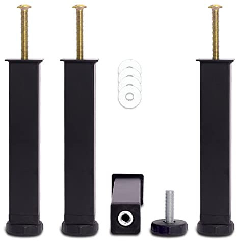 Pied de Lit, Pieds pour Sommier à Lattes Universel | Hauteur: 20cm(+2cm) Reglable | Design: Noir | Matériel: Metal | Carré: 3x3cm | pour Les Cadres | avec Boulon M8×60mm | Lot de 4