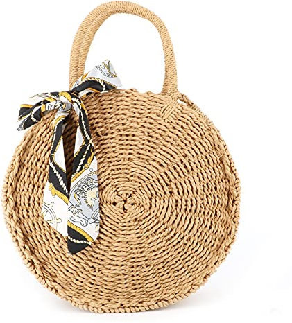 Double Tree Sac à Bandoulière Femme Rond En Paille - Sac De Plage Été Rotin Tressé - Sacoche Besace Porté Main Épaule Tissé Léger - Chic Tendance Estival - Marron Nature