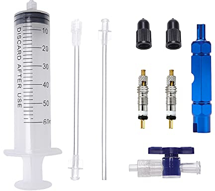 VooGenzek 7 PCS Bicycle Tire Repairing Tool Kit, Tubeless Tire Sealant Filling Tube, Sealant Refilling Tube with Switch, Presta Schrader Valve Core Remover, Presta Valve Core & Cap, 60ml