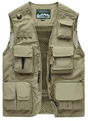 Sukany Chaleco cargo para hombre, para ocio, trabajo, safari, pesca, viajes, con múltiples bolsillos, Caqui., XL