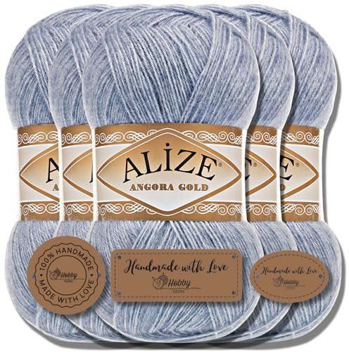 Hobby YARN Alize 5 x 100 g Angora guld turkisk premium ull tunn mohair av ny ull babyull som stickgarn handstickat garn enfärgad uni Yarn (Denim Melange | 221)