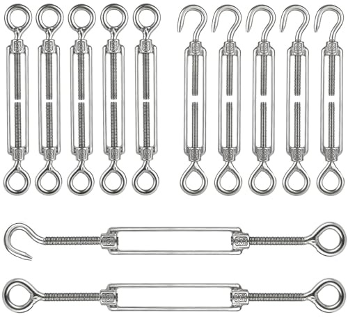 Acrux7 10 Pack 304 Stainless Steel M6 Turnbuckles Heavy Duty Turn Buckle Adjustable Turnbuckle Tensioner Kit for 1/8 1/4 Inch Cables Wires, Rope Tension, Shade Sail, Cmaper (Eye and Eye, Hook and Eye)