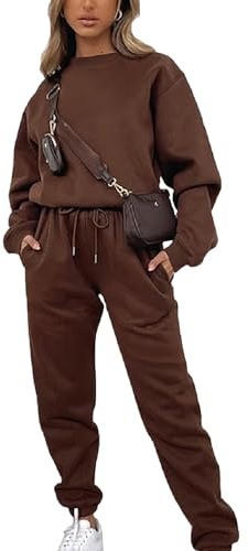amropi Tuta da Donna Vello Foderato Pullover Felpa e Pantaloni Jogging Tute caffè,L