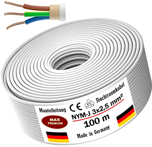 MAS Premium Feuchtraumkabel Stromkabel 5-200m Mantelleitung NYM-J 3x1, 5 2,5 4 6 10 oder 5x1,5 2,5 4 6 10 16 Elektrokabel für feste Verlegung (NYM-J 3x2, 5 mm², 100m)