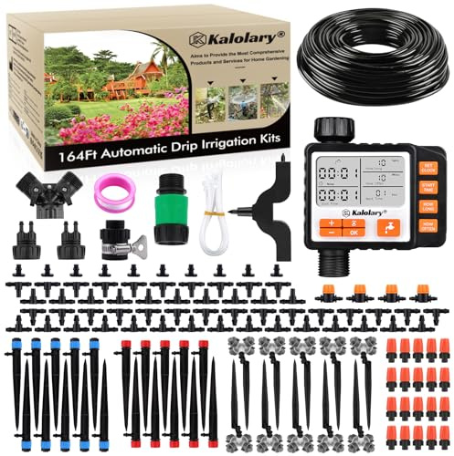 Kit di Irrigazione a Goccia con timer Kalolary, 164ft/133 pezzi Sistema Irrigazione del Giardino, Drip Irrigation Kit di Automatici Regolabili, per tubi a goccia per Orto,Terrazzo, Paesaggio