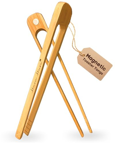 Magnetic Bamboo Toaster Tongs 100% Natural 8.7” Set of 2 Wood Kitchen Toast Tongs - Space Saving Modern Kitchen Accessory for Home Restaurant - HaraHuri