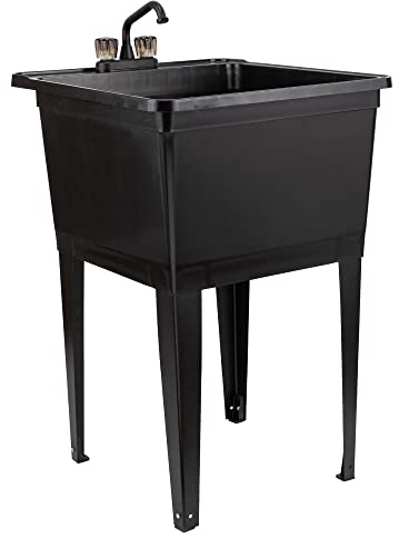 Tehila Basics by JS Jackson Supplies 21-Gallon Black Freestanding Utility Sink with Black 2-Handle Faucet, Heavy Duty Plastic Laundry Tub with Adjustable Legs