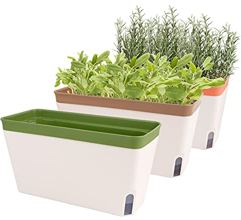 Fayavoo Selbstbewässernder Blumentopf, Set von 3 27cm Rechteckige Pflanztopf Kräutertopf Fensterbank Blumenkasten mit wasserspeicher, Moderne Kunststoff Blumentöpfe für innen und außen Garten Büro