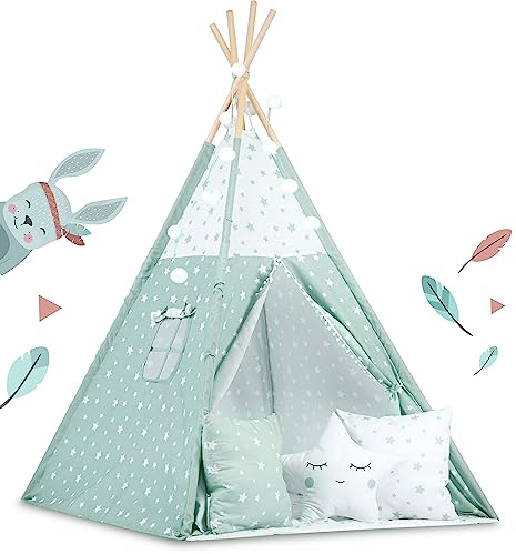 Nukido Tipi Tente pour Enfants avec Lumières, 3 Coussins, Tapis Isolant et Housse - Style Montessori - Facile à Plier - Tapis de Jeu en Coton - 120 x 120 x 165 cm, Vert/Blanc