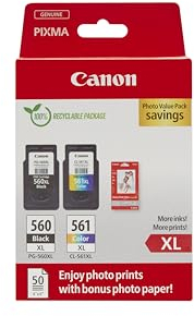 Canon Confezione multipla cartucce d'inchiostro stampanti PG-560XL/CL-561XL pacco da 2 (1 nero XL, 1 a colore XL) e carta fotografica 4x6 (50 fogli)