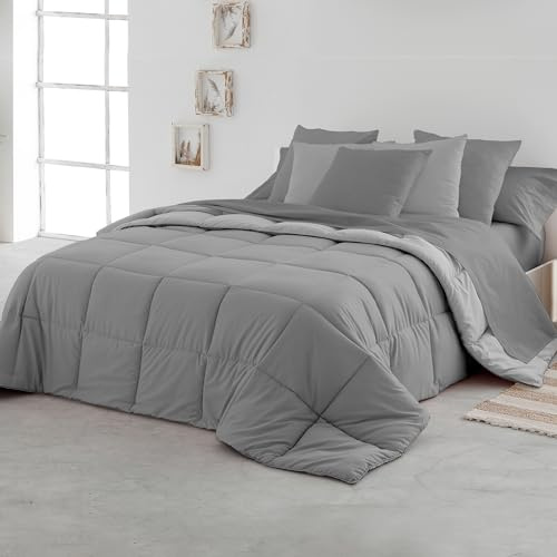 SOMNI HOME Edredón Reversible Nordico Bicolor Cama 135 cm Tacto Pluma. Duvet Nórdico Cálido Suave Comodo. Cama Doble. Calidad 400 gr. Color Perla - Marengo 240x260