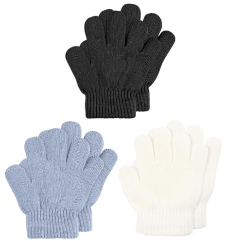 Aolso Gants Hiver pour Enfant, 3 Paires Gants Chaud Plein-doigts, Gants Chauds pour Enfants en Tricot Extensible, pour un Usage Quotidien d'Hiver pour Garçon Fille 2-5 ans(Monochrome)