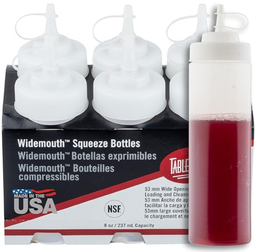 Tablecraft Plastic Condiment Squeeze Bottles, Foodservice Restaurant Commercial Use Widemouth 53mm, Cone-Tip Top w/Tethered Cap for Olive Oil, BBQ Sauce, Dressing, Food Prep, 8 oz, 237 mL, Clear, 6