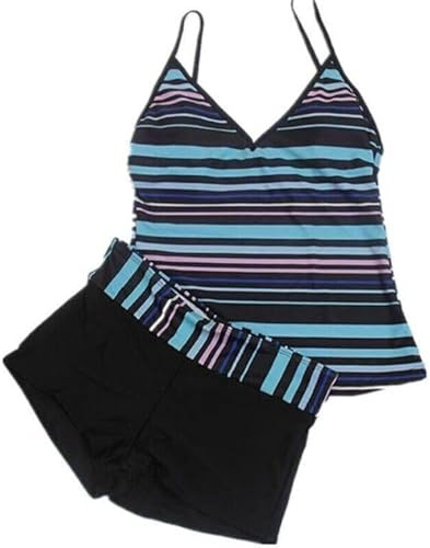 Women’s Two Piece Swimwear Gradient Color Tankini Set Top with Shorts Low Waist Sporty Swimsuit Bikini (UK, Numeric, 14, Regular, Regular, Standard, Black+Blue)