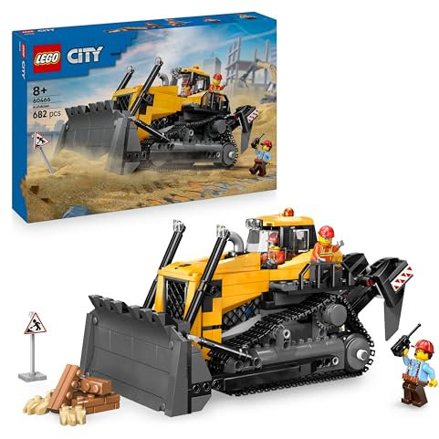 LEGO City Buldócer Amarillo - Vehículo de Obra de Juguete para Construir - 3 Minifiguras, Walkie-Talkie, Herramientas y Señales de Tráfico - Regalo de Cumpleaños para Niños de 8+ Años 60466