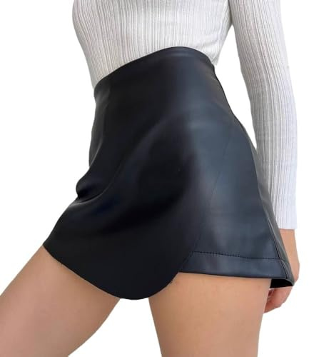 RSBFK Mini jupe crayon taille haute en similicuir pour femme, Noir , S
